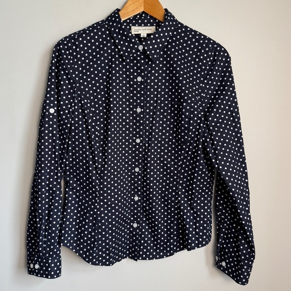 Jones New York Sport Women's Long Sleeve Polka Dot Button Up Blouse Black Medium - Picture 1 of 14